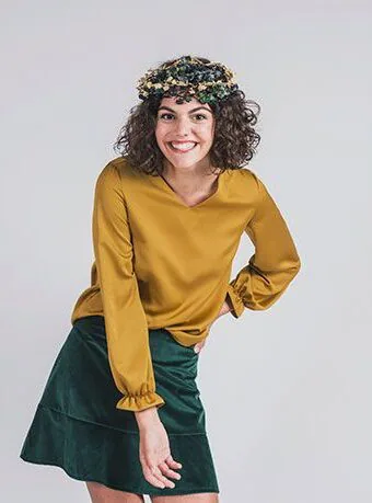 long-sleeved crepe blouse for teenagers, mustard color, marta quemono