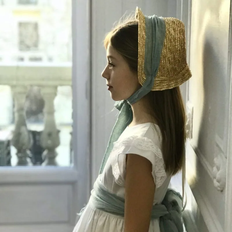 country communion dress straw bonnet scaled jumpsuit
