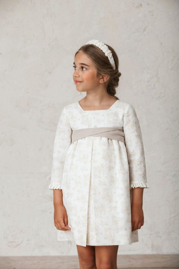 vestido de ceremonia para niña con manga francesa y fajín de lino