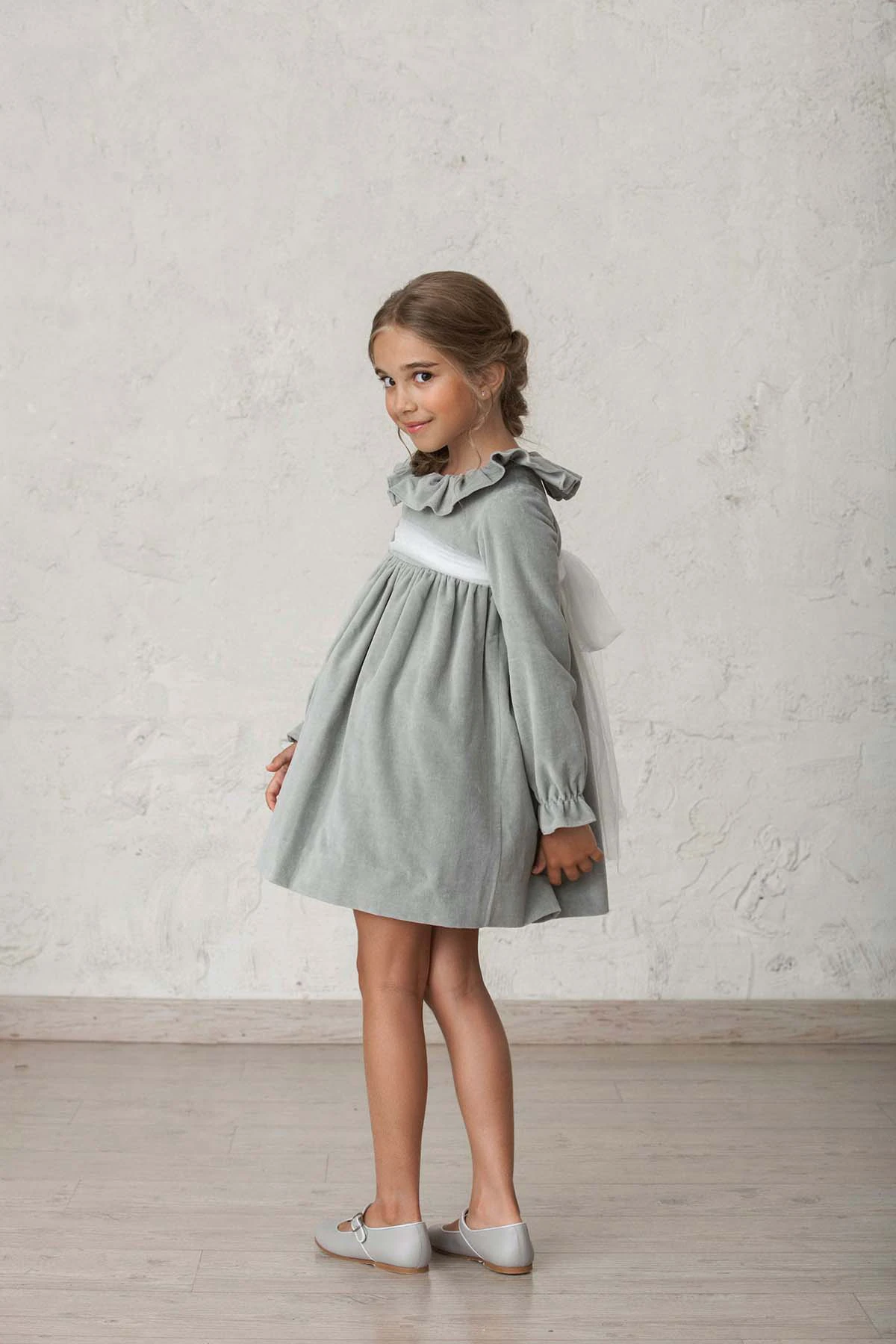 flower girl dress in grey velvet