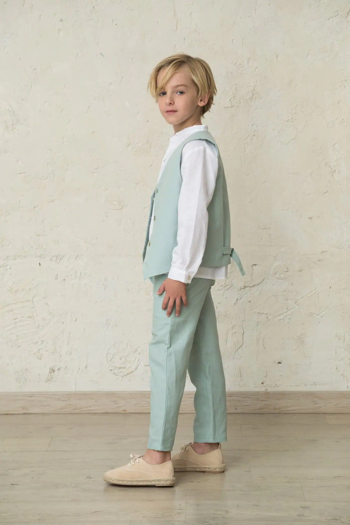skinny linen trousers in aqua green