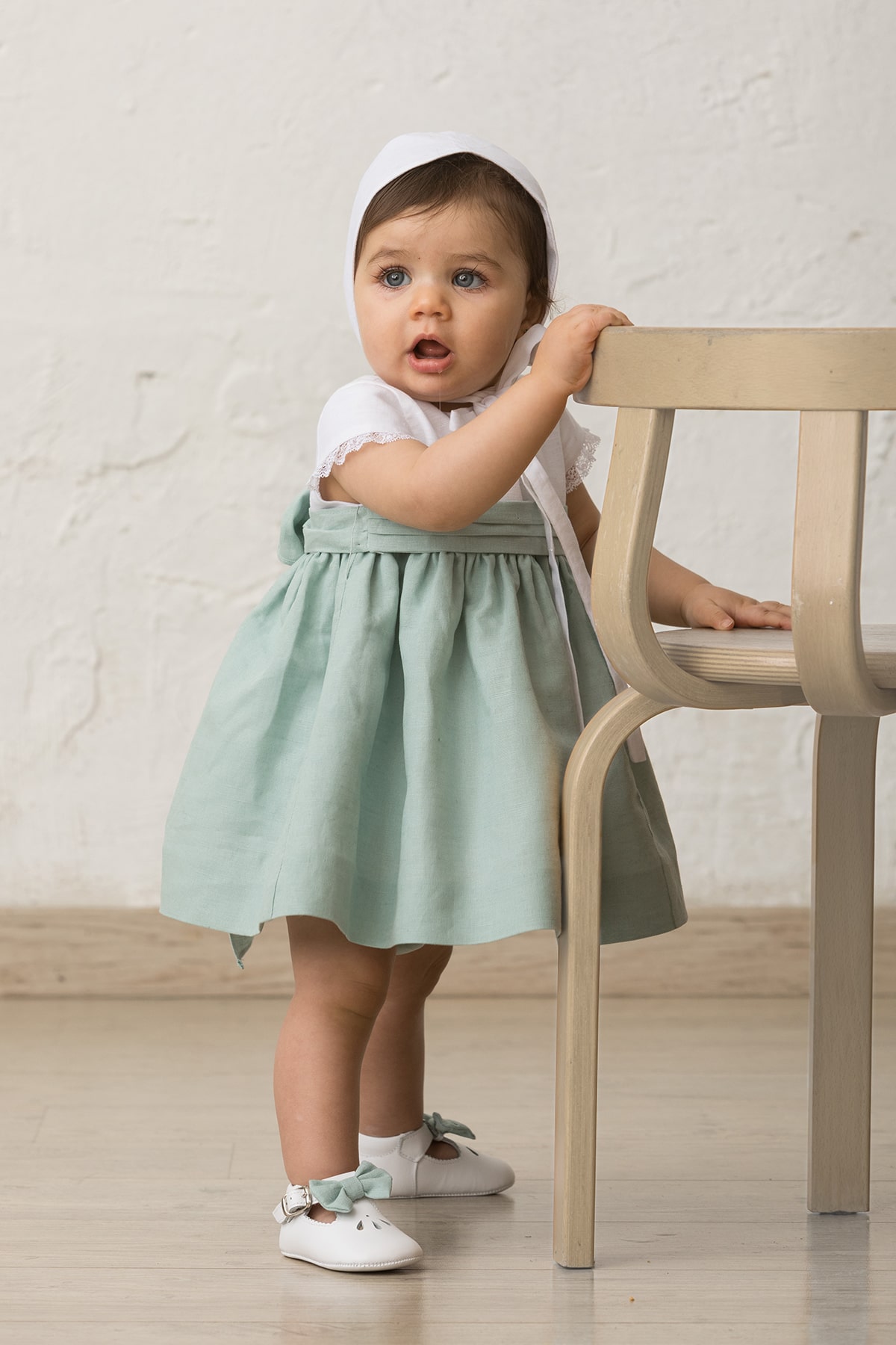 vestido de ceremonia de bebe niña verde agua