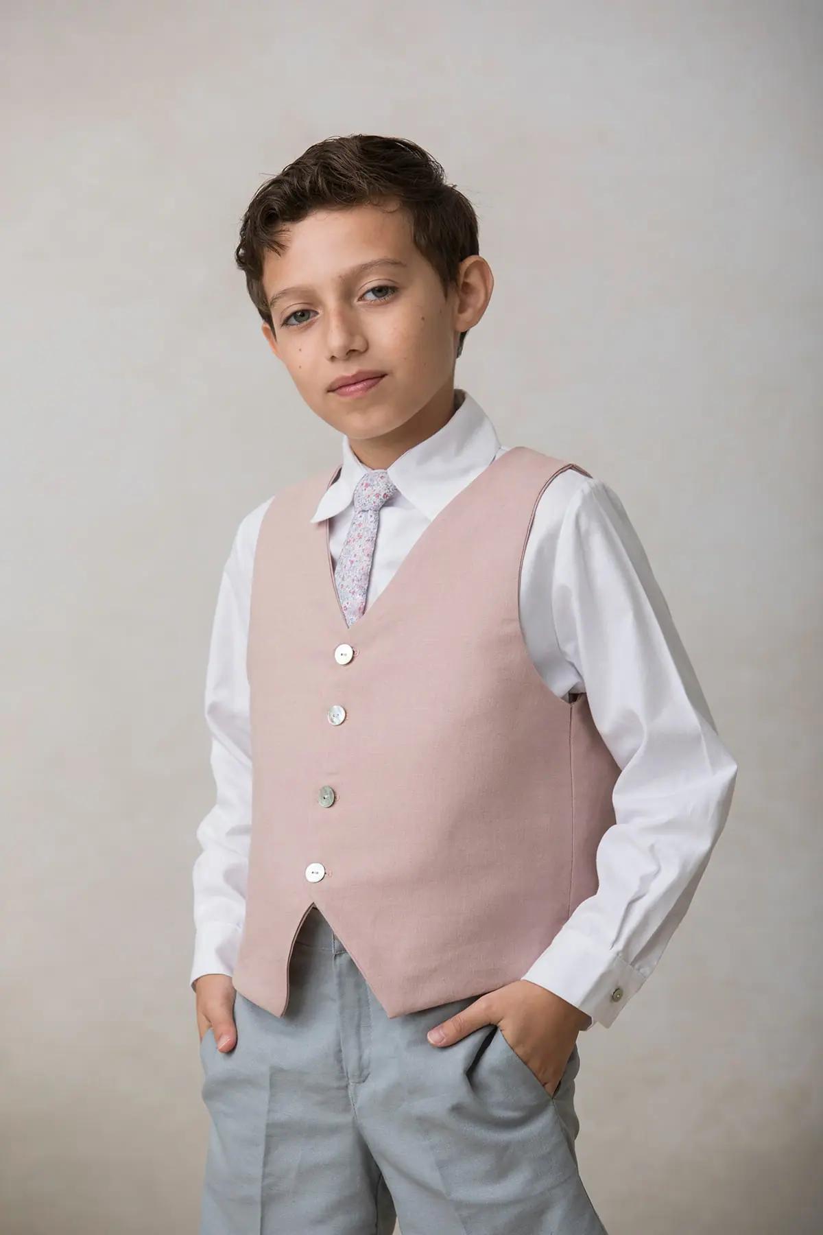 pink nude linen vest for boys' formal wear