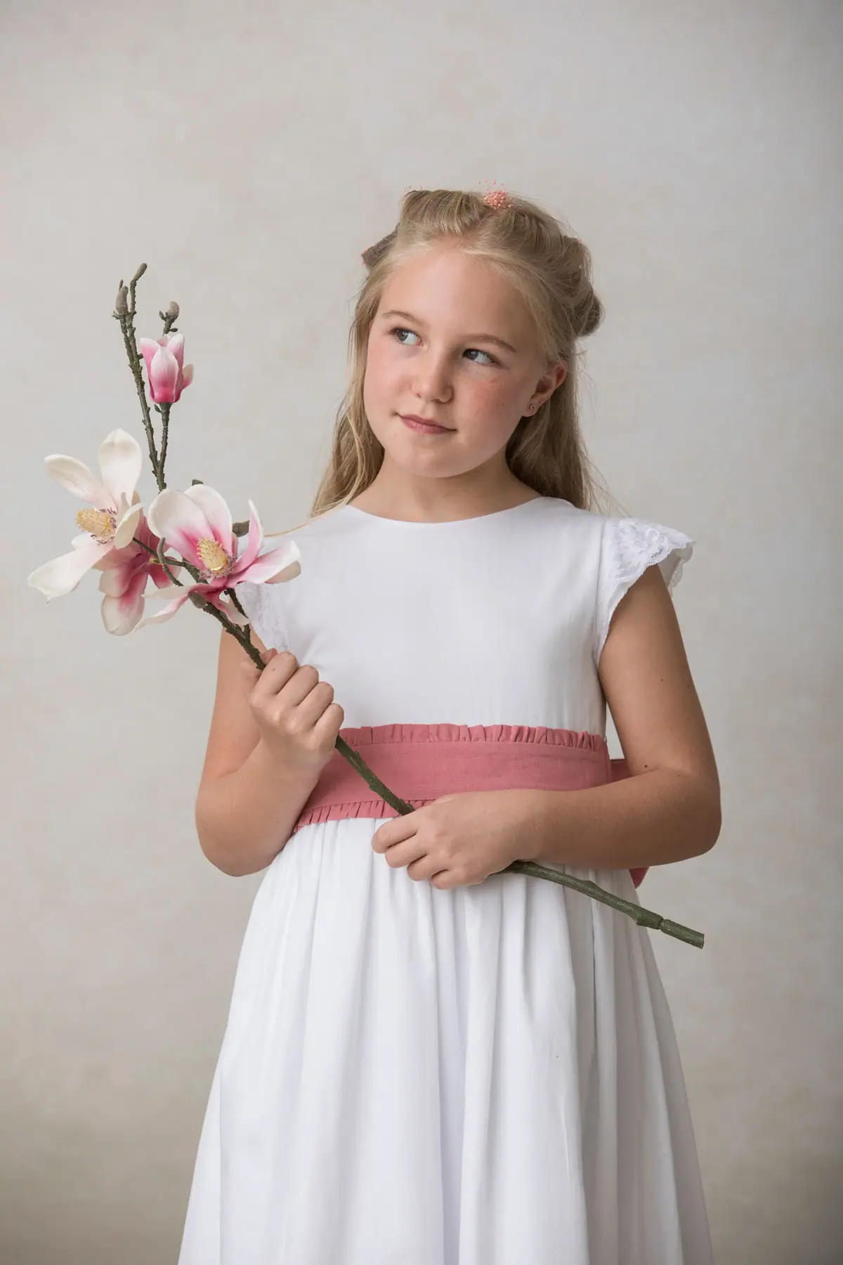 communion sash for girls, dusty rose linen with trim