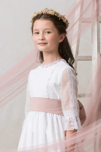 nude pink sash with plain communion bows