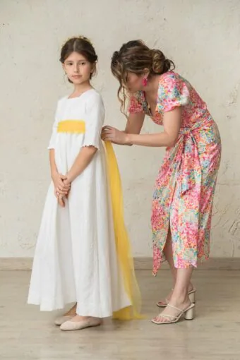 tulle bows communion dress yellow sash