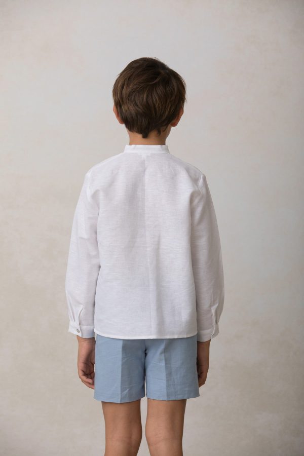 camisa de cuello mao de niño para ceremonia en lino blanco