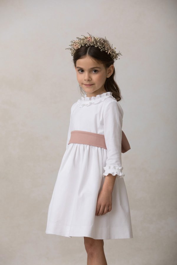 vestido de niña para ceremonia de algodon blanco con volante en el cuello