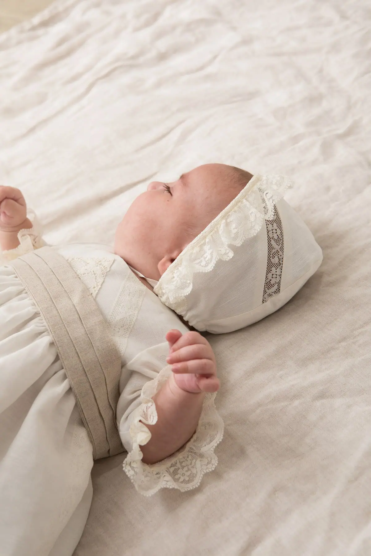 long sleeve baby baptism skirt in raw linen 1