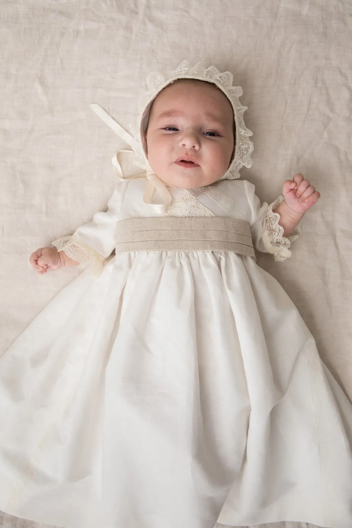 long sleeve baptism skirt in raw linen for babies