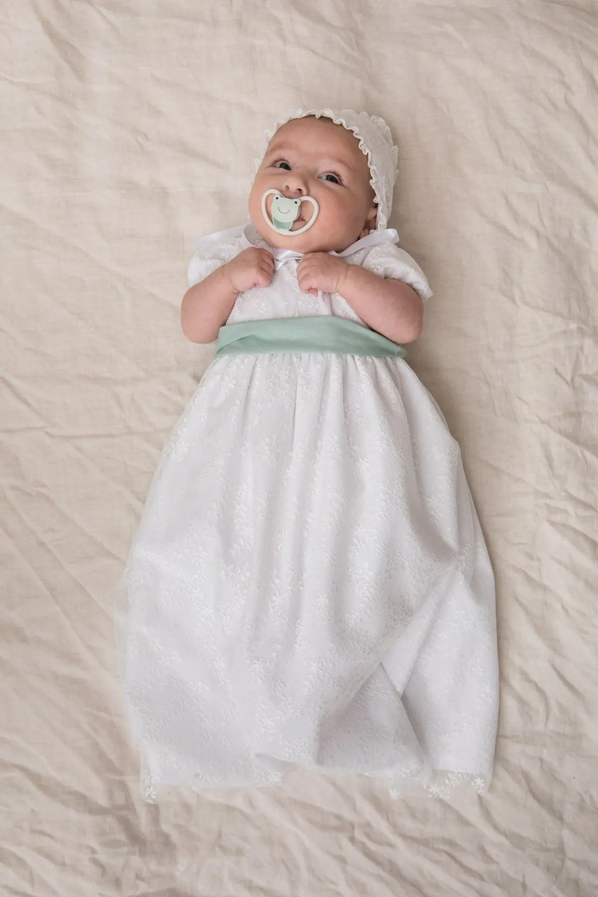 baby christening sash with aqua green bow