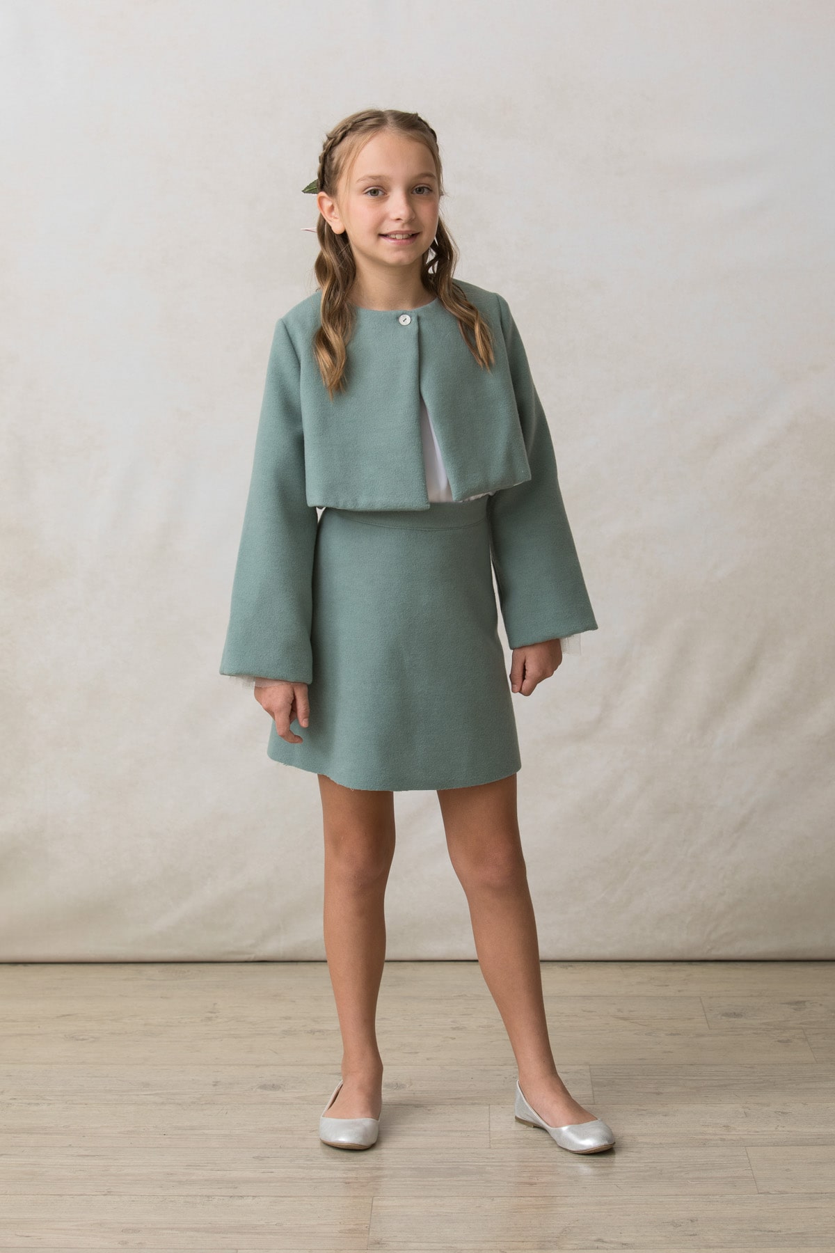 chaqueta-torera-nina-adolescente-pano-verde-agua chaqueta torera de niña adolescente en paño verde agua