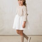 fajin liso con lazo de ceremonia para niña en terciopelo beige