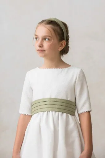 olive green cotton sash with ribbons for a girl's ceremony