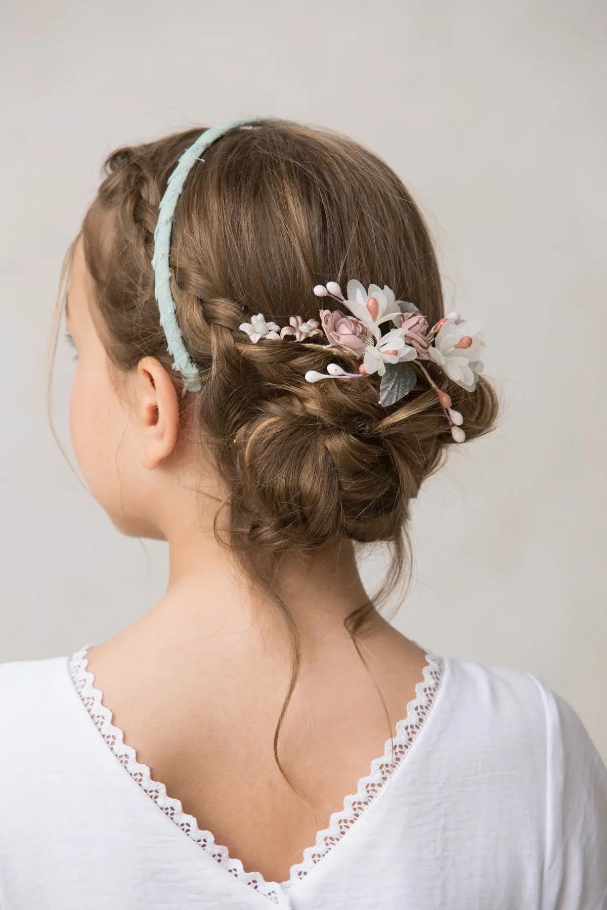 half crown for girl's hair, white rose flowers, ceremony