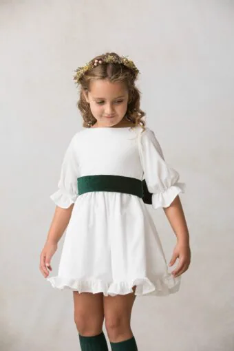 White crepe girl's ceremony dress with French sleeves