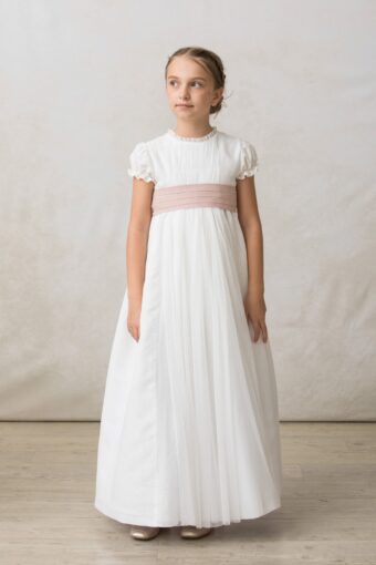 vestido de comunion de niña en tul plumeti con manga farol