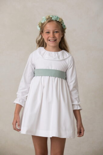 vestido nina ceremonia algodon blanco volante cancan cuello bebe manga larga