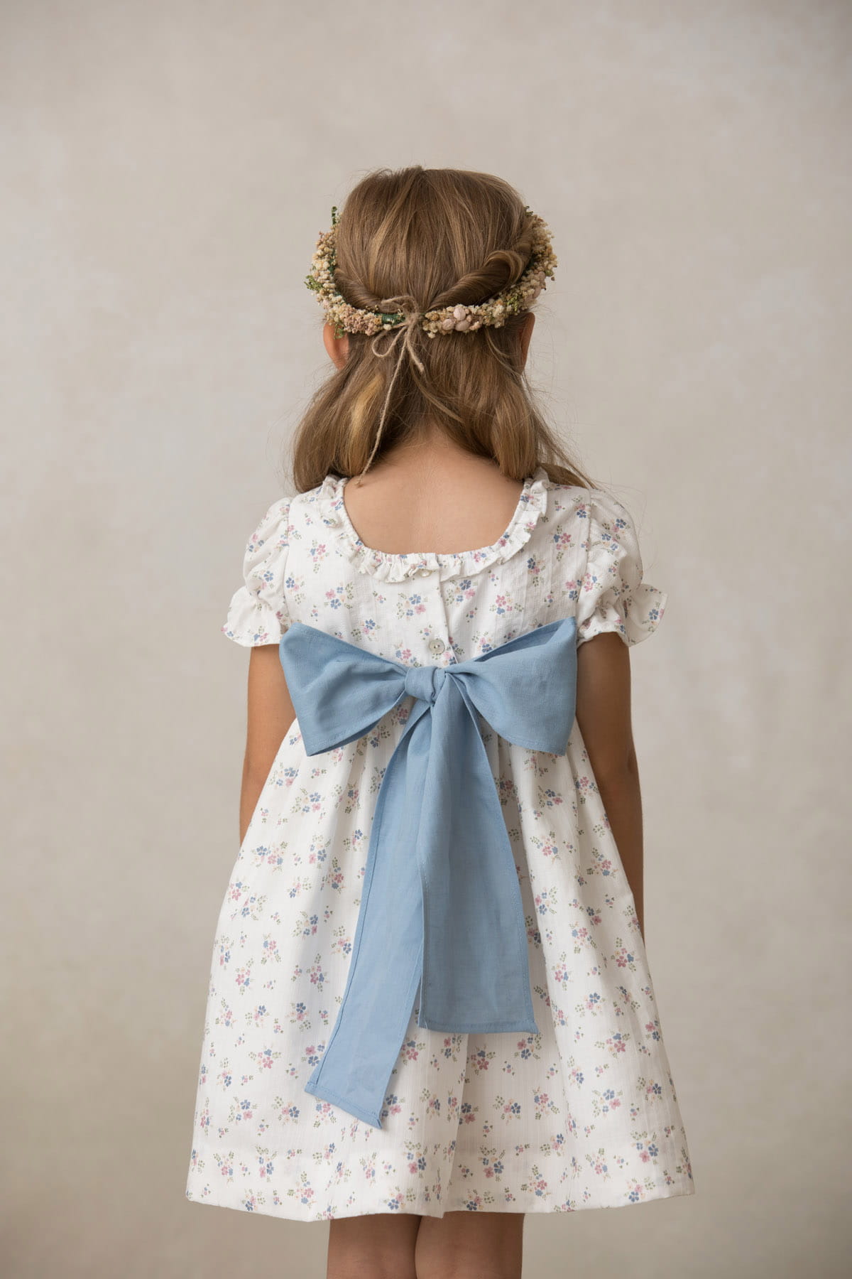 vestido nina ceremonia algodon estampado flores manga farol imperio